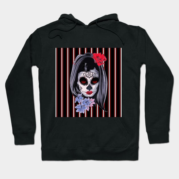 Red White and Black Striped Graphic & makeup mask,floral,flower skull Hoodie by SAM DLS